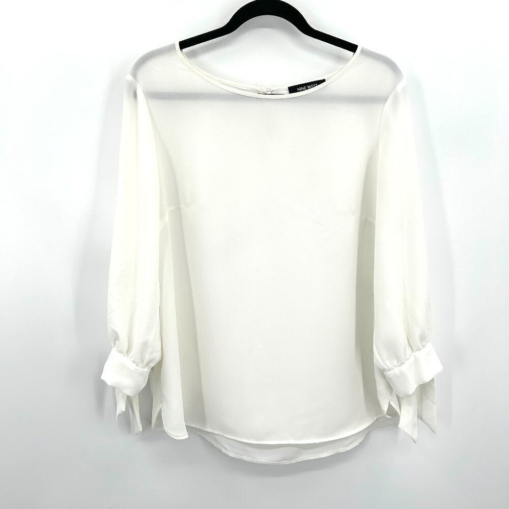 Nine West White Semi Sheer 3/4 Sleeve Tie Boat Neck Lightweight Blouse Large